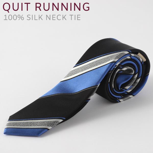 シルクネクタイ Quit Running ストライプ ブラック×ブルー ハンドメイド クイトランニン...