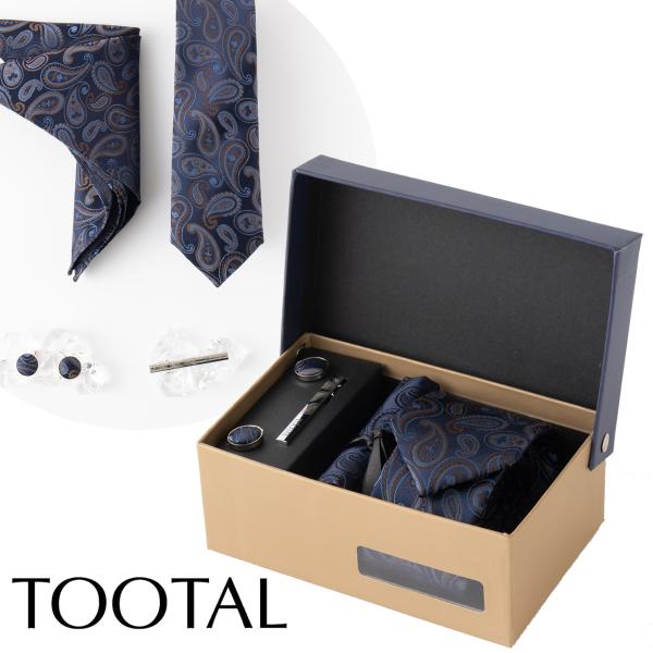 TOOTAL メンズスーツ ギフトボックス4点セット 100%上質シルク編みネクタイ   ネイビーペ...