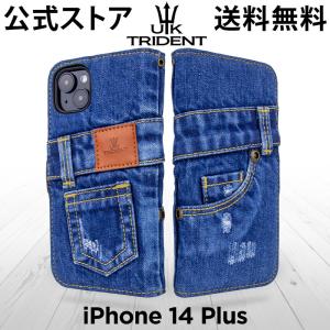 【送料無料】iPhone 14 PLUS 手帳型 デニム UK Trident ジーンズ生地 アイフォンケース
