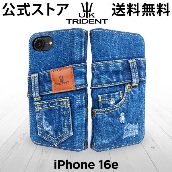 【送料無料】iPhone 16e 手帳型 デニム UK Trident ジーンズ生地 アイフォンケー...