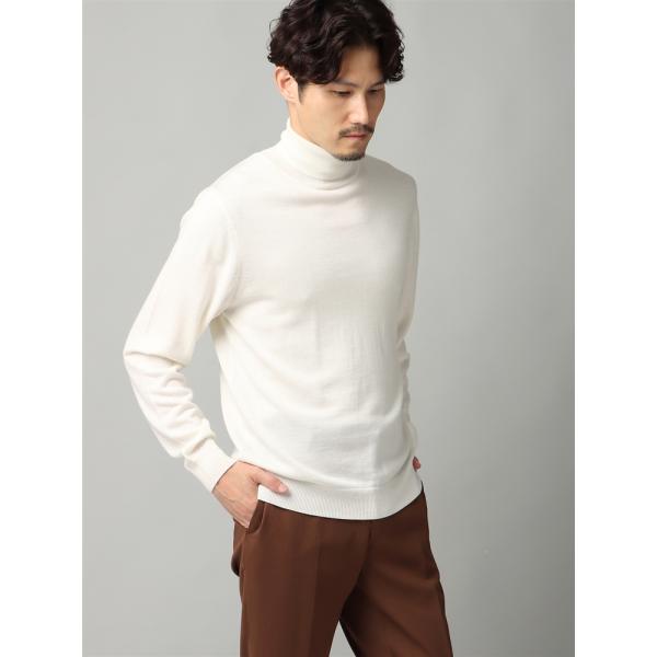 【スーツスクエア】メンズ タートルネックニット 長袖 メリノウール天竺 無地 オフホワイト