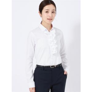 【スーツスクエア】スキッパーカラーシャツ Easy Care Stretch Blouse ラッフルフリル＆リボン ホワイト｜uktsc