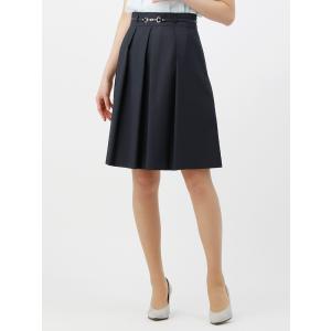 ◆ウォッシャブル ギャバストレッチ ベルト付きタックフレアスカート◆ 春夏用 ネイビー