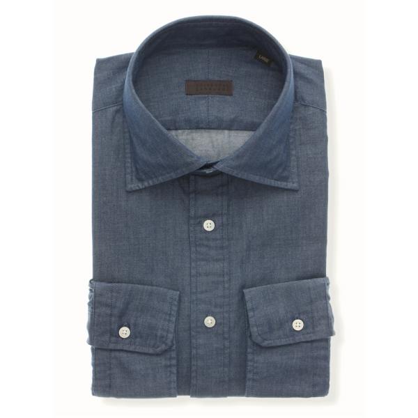 綿100％ 色褪せない デニムシャツ 長袖 メンズ ゆったり ワイドカラー インディゴ ネイビー 紺...