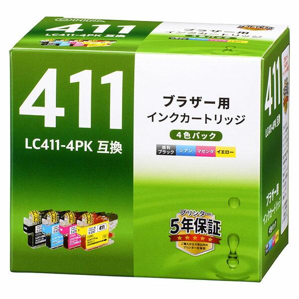 オーム電機 INK-B411-4P ブラザー LC411-4PK互換 (顔料ブラック、染料シアン、染...