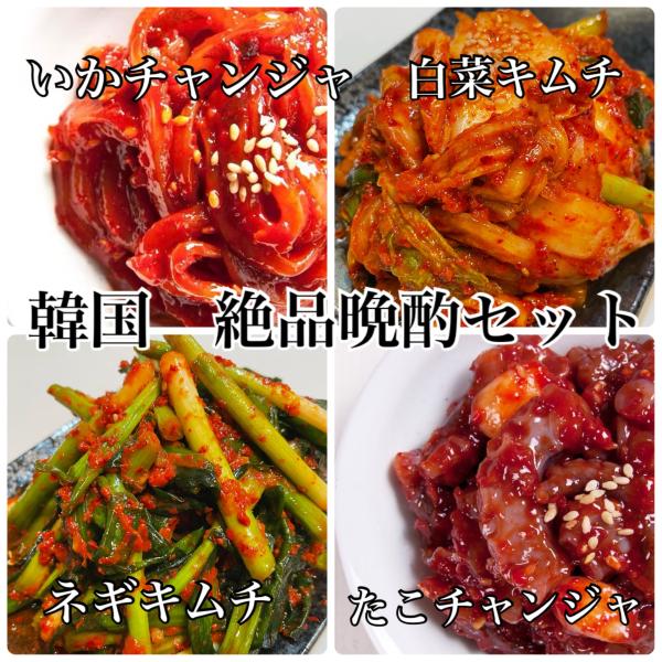 韓国おつまみ　イカチャンジャ　タコチャンジャ　キムチ　ネギキムチ　おつまみ絶品セット！