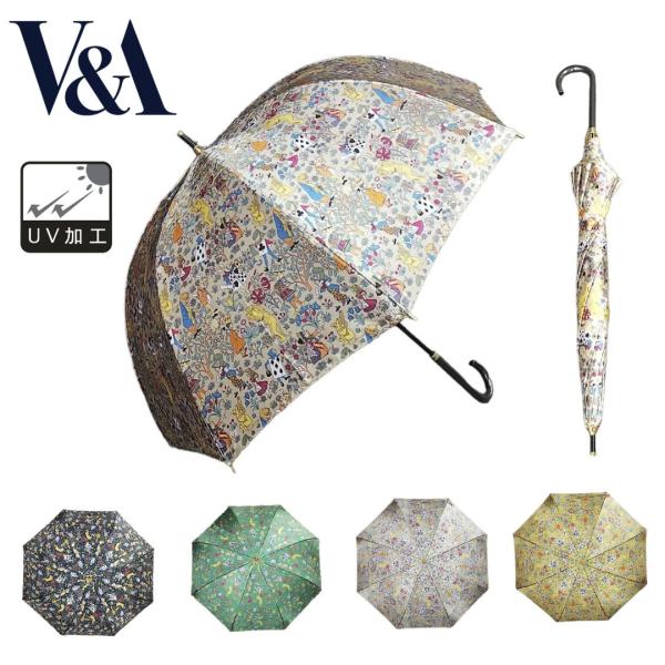 VA30011 V&amp;A 日本製 深張り手開き長傘 アリス柄  婦人 サテン生地 V&amp;A UV加工 不...
