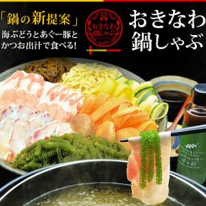 送料無料 海ぶどうとあぐー豚の「おきなわ鍋しゃぶ」7品（ミーバイ、もずく、沖縄そば、他）3〜4人前 ※冷凍｜umeebeccyasannriku