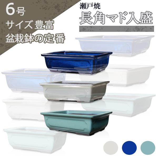 盆栽鉢 陶器 6号 長角マド入盛 おしゃれ 専門店 青 白 緑 瀬戸焼 四角 浅型 小品 中型 松柏...