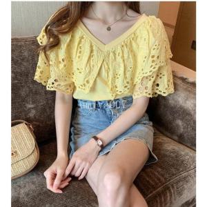 バンドカラーシャツ フリル袖Tシャツブラウス シャツ Tシャツ 可愛い おしゃれ かわいい 無地 チュニック トップス ブラウス 花柄 半袖 レディース 着やせ