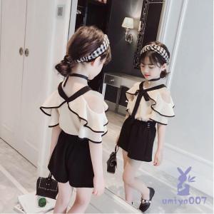 女の子 セットアップ 肩出し ブラウス ブラック ショートパンツ ホワイト モノトーン 半袖 トップス 韓国 子ども服 韓国こども服 韓国子供服 大人っぽい