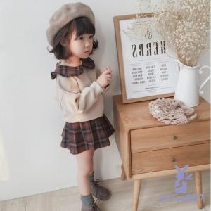 女の子 セットアップ 長袖 トレーナー ミニスカート チェックスカート キッズ服 春夏子供服 フリル襟 チェック柄 ベージュ トップス スカート おしゃれ かわいい｜umiya007