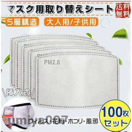マスク用取り替えシート 100枚 5層構造 花粉対策マスク 挿入式 子供用 活性炭入不織布 フィルタ...