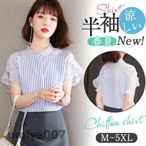 ブラウス レディース シフォンブラウス おしゃれ ボーダー フリル 夏服 カジュアル 通勤 体型カバー 新作 半袖 ゆったり 人気 tシャツ 春コーデ