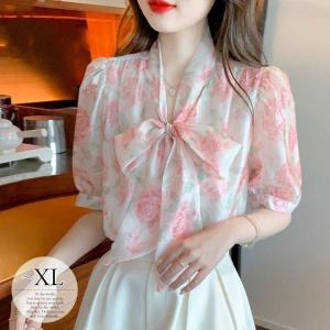 ブラウス トップス シャツ Tシャツ レディース 夏 大きいサイズ 半袖 ボウタイブラウス リボン 花柄 フラワー 薔薇 フェミニン 大人かわいい ピンク 美人 ミセス