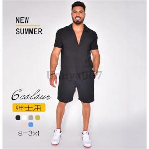 大きいサイズ セットアップ メンズ カジュアルシャツ 半袖 トップス ハーフパンツ サルエルパンツ メンズ 上下セット 通気 ゆったり
