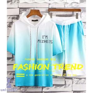 Tシャツ メンズ 半袖 パーカー フード付 グラデーション トップス プリント クルーネック カジュアル Tシャツ 父の日 おしゃれ 半袖Tシャツ 夏