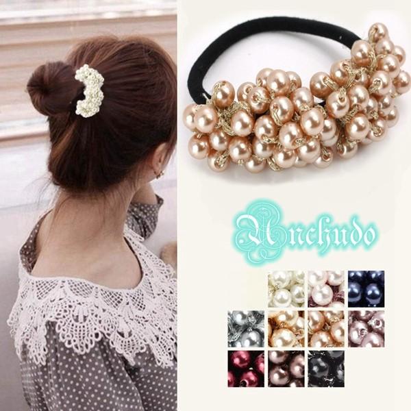 パール 10色 ヘアゴム  髪留め プレスレット ポイント消化 ボリューム ビーズ 真珠 ヘアアクセ...