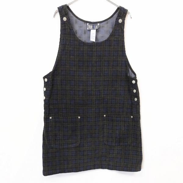 TRUE BLUE コーデュロイ ジャンパースカート ノースリーブ ワンピース チェック ひざ丈 綿...