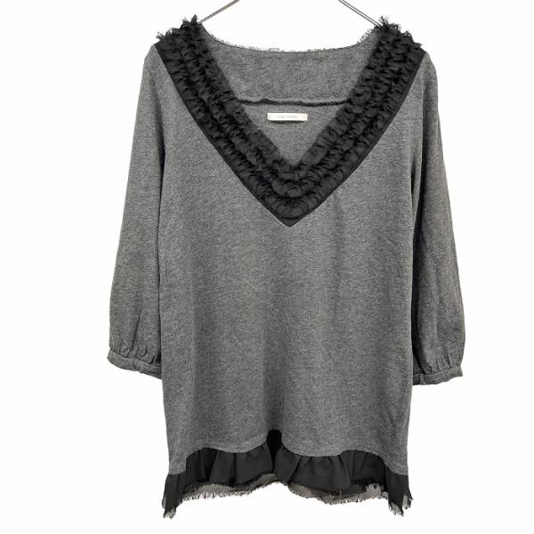 チャオパニック 微起毛 カットソー 裾とネックにシフォンフリル Vネック 無地 7分袖 綿100% ...