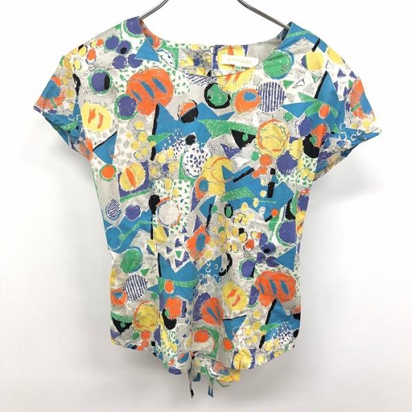 enjour 薄手 プルオーバーブラウス シャツ 背中レースアップ 厚手の後付け肩パッド 総柄 半袖...