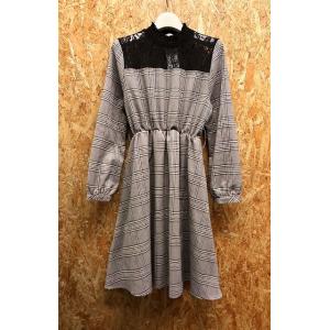 FUN ファン F レディース ボトルネックレースワンピース ひざ丈 チェック柄 長袖 スカートに裏...