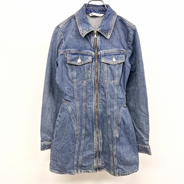 ザラ ZARA デニムワンピース ジップアップ 長袖 無地 裏地無し 両胸フラップポケット 綿×ポリ...