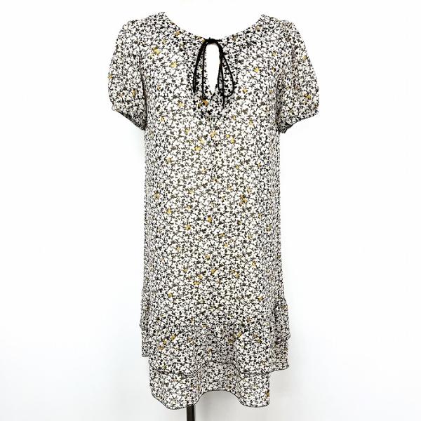 INDIVI シフォンチュニック ワンピース 半袖 裏地無し リーフ柄 ポリ100% 38 ブラウン...