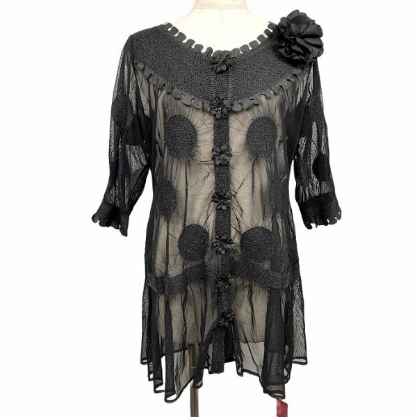 ノコオーノ 【新品】NOKO OHNO 薄手 メッシュ チュニック 花 スナップボタン ７分袖 ポリ...