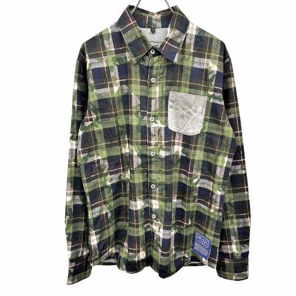 RYZ シャツ 裏地付き(二重生地) チェック×迷彩 背中に英字プリント 長袖 胸ポケット 裾にロゴ...