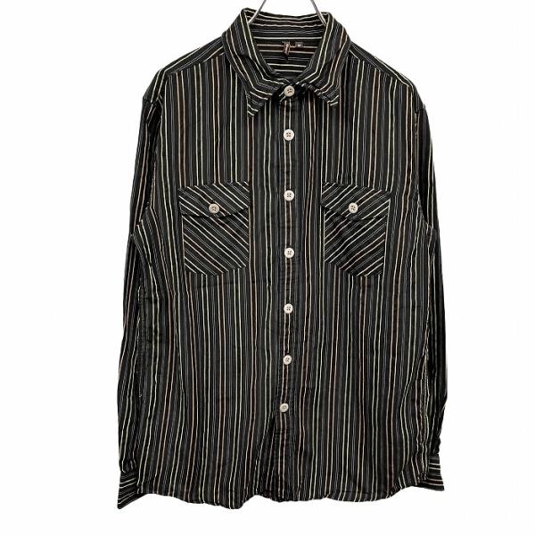 Gregoire シャツ ストライプ ワイヤー襟 両胸フラップポケット 長袖 ロングスリーブ 綿10...