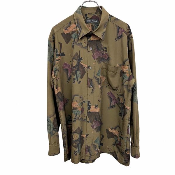 ボスピアーズ BOTH PIERS 少し薄手 シャツ 総柄 アート柄 長袖 ポリ100% L グリー...