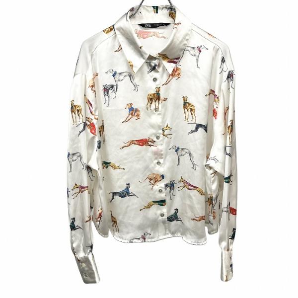 ザラ 若干透け感 シャツ 犬のイラスト 丈短め シェルボタン 長袖 ポケット無し ポリ100% L ...