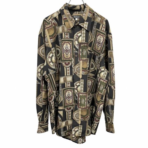 Belluna 総柄シャツ 長袖 胸ポケット レギュラーカラー ロングスリーブ L ブラック 黒×ベ...