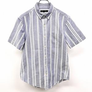 バナナリパブリック BANANA REPUBLIC 平織りシャツ ストライプ ボタンダウン 半袖 綿100% S ヘザーネイビー×ホワイト 杢紺 メンズ