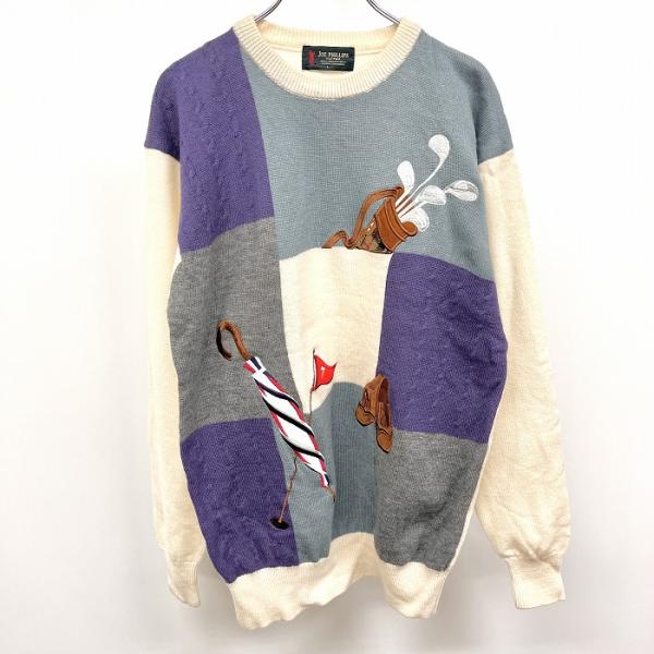 JOE PHILLIPS ゴルフ ニット セーター 刺繍 丸首 長袖 ウール100% L アイボリー...