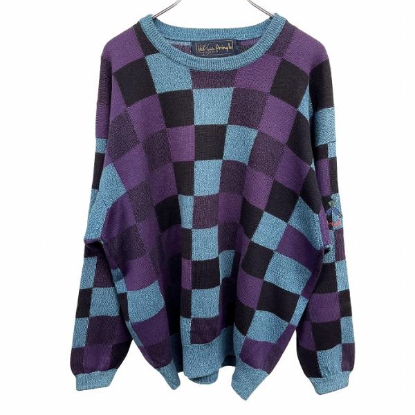 プリングル Pringle ニット セーター ブロックチェック 長袖 スコットランド製 古着 ウール...
