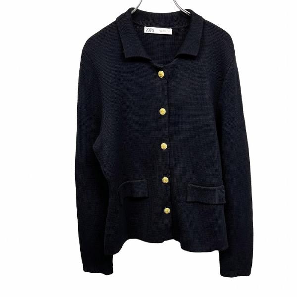 ザラ ZARA ニットジャケット 襟付きカーディガン コンチョ 裏地無し 長袖 無地 レーヨン×ナイ...