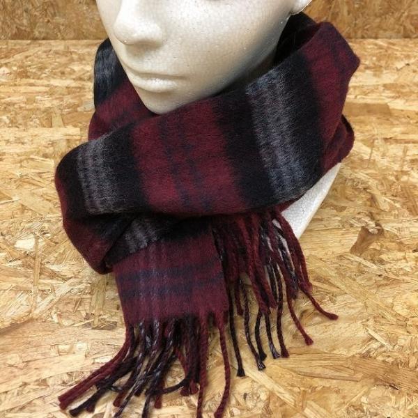 ※ブランド不明 フリンジストール マフラー 片面チェック柄 片面無地 赤×グレー×黒