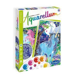 AQUARELLUM アクアレルム 水彩画 キット ぬりえ フランス製塗り絵 絵の具セット 蓄光タイプ（イラスト ユニコーン）｜uni-stage358