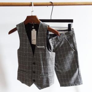 送料無料 アッシャースーツ アッシャー服 グルームズマン グレー チェック柄　格子 メンズ服 ハワイスタイル フォーマル ベスト/ハーフパンツ ベスト