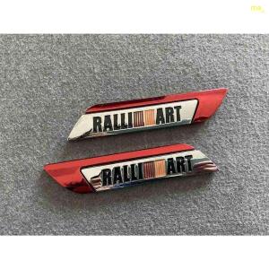 送料無料　229★RALLI///ART MITSUBISHI 三菱用★2枚セット カーステッカー エンブレム レッド＆シルバー プレート 金属製 フェンダーバッジ シール 強粘着力