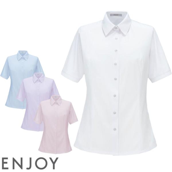 事務服 シャツブラウス 半袖 レディース ニット 無地  ノーアイロン EWB873 ストレッチ 吸...