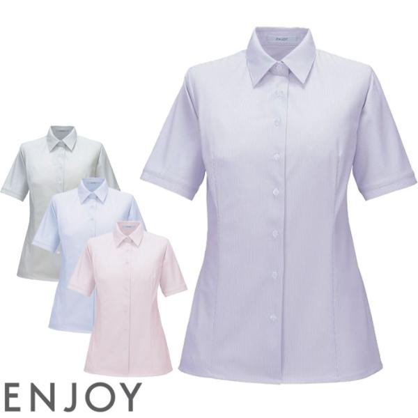 事務服 シャツブラウス 半袖 ストライプ レディース ニット ノーアイロン EWB877 ストレッチ...