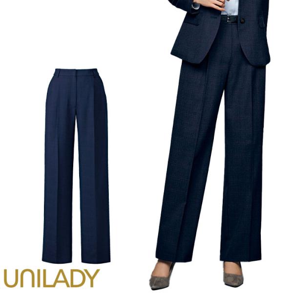 21号・23号 事務服 パンツ セミワイド チェック柄 後ろゴム レディース U7420P UNIL...