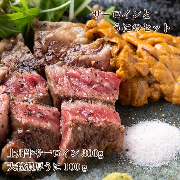 送料無料：ギフトボックス入【お中元セット】熟成肉上州牛サーロイン、大粒濃厚うに、黒毛和牛レバ刺し2個...