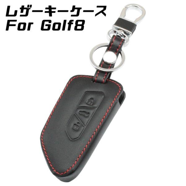 フォルクスワーゲン 本革 キーケース ゴルフ8 Golf8 Mk8 ブラックレザー×レッドステッチ ...