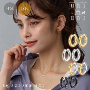 フープピアス サージカルステンレス 18K 18金 316L バイカラー ゴールド シルバー つけっぱなし 太め シンプル デイリー 金属アレルギー対応 uniuni PA-31