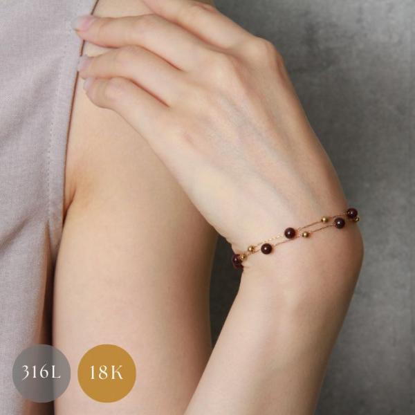 ブレスレット ガーネット 天然石 サージカルステンレス 18K 18金 ゴールド パワーストーン ビ...
