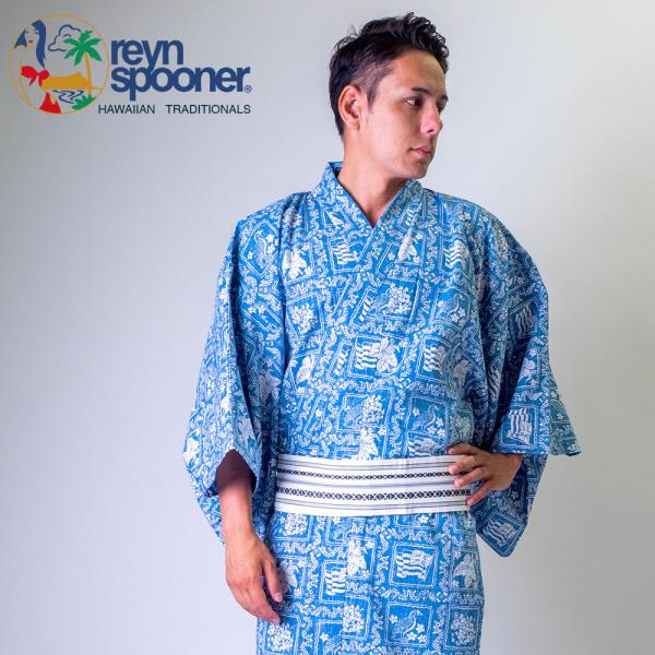 /浴衣+帯+下駄+腰紐/レインスプーナー アロハ柄浴衣セット/アロハ/メンズ浴衣/紳士用/ハワイ/ブ...